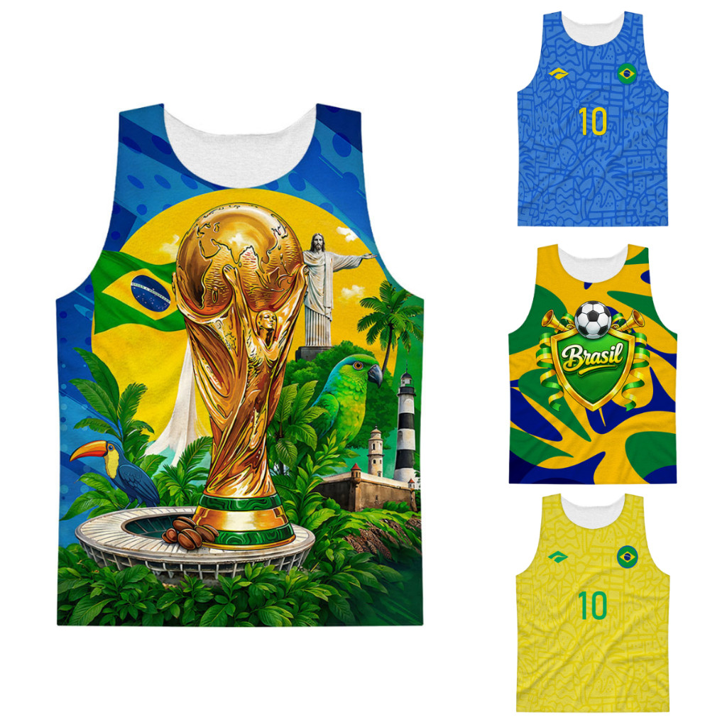 Kit Camisetas Tipo Regata Abadá Sublimado Tema Copa do Mundo Brasil Modelos do P ao GG