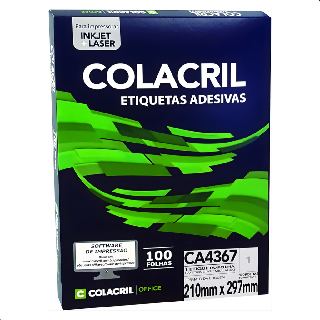 Etiqueta Adesiva A4 210x297mm 100 Folhas Colacril Folha Inteira Inkjet e Laser Papel Adesivo