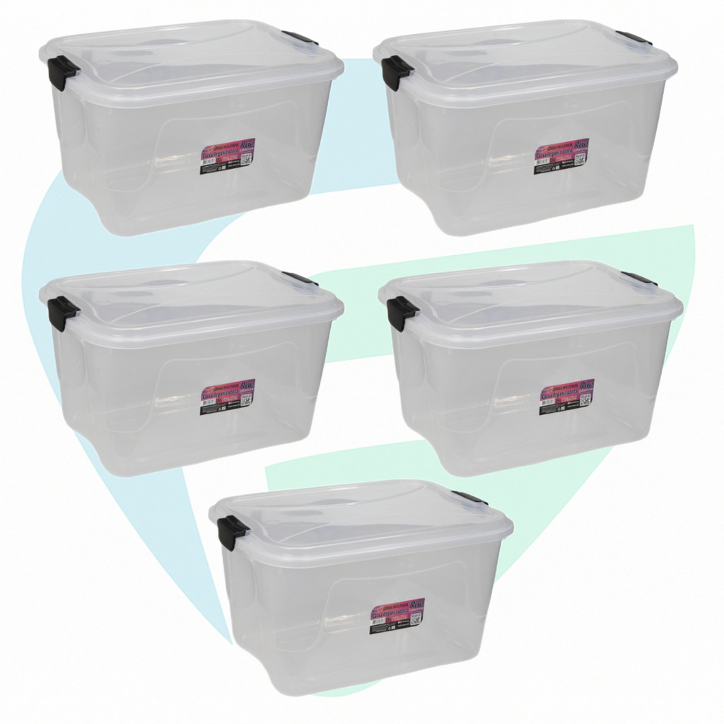 Kit 5 Caixa Organizadora Transparente Multibox 15L Com Tampa E Trava Alta Qualidade