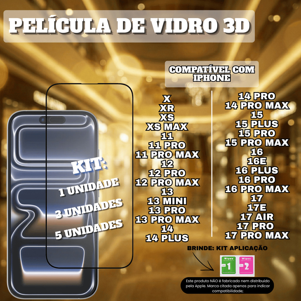 Kit Película De Vidro 3D Frontal Compatível Com IPhone 11 12 13 14 15 16 17 16e Pro Max Air Plus