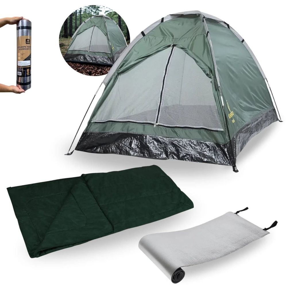 Kit Aventura Outdoor: Barraca Koala 3 Pessoas + Saco de Dormir Solteiro + Isolante 1,80 M