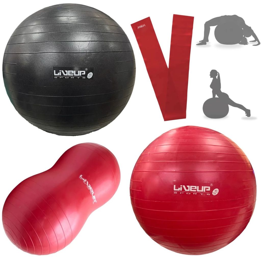 Kit Pilates: Bolas Suiças (45cm e 65cm) Anti Estouro + Bola Feijão 100cm com Inflador + Faixa Elastica