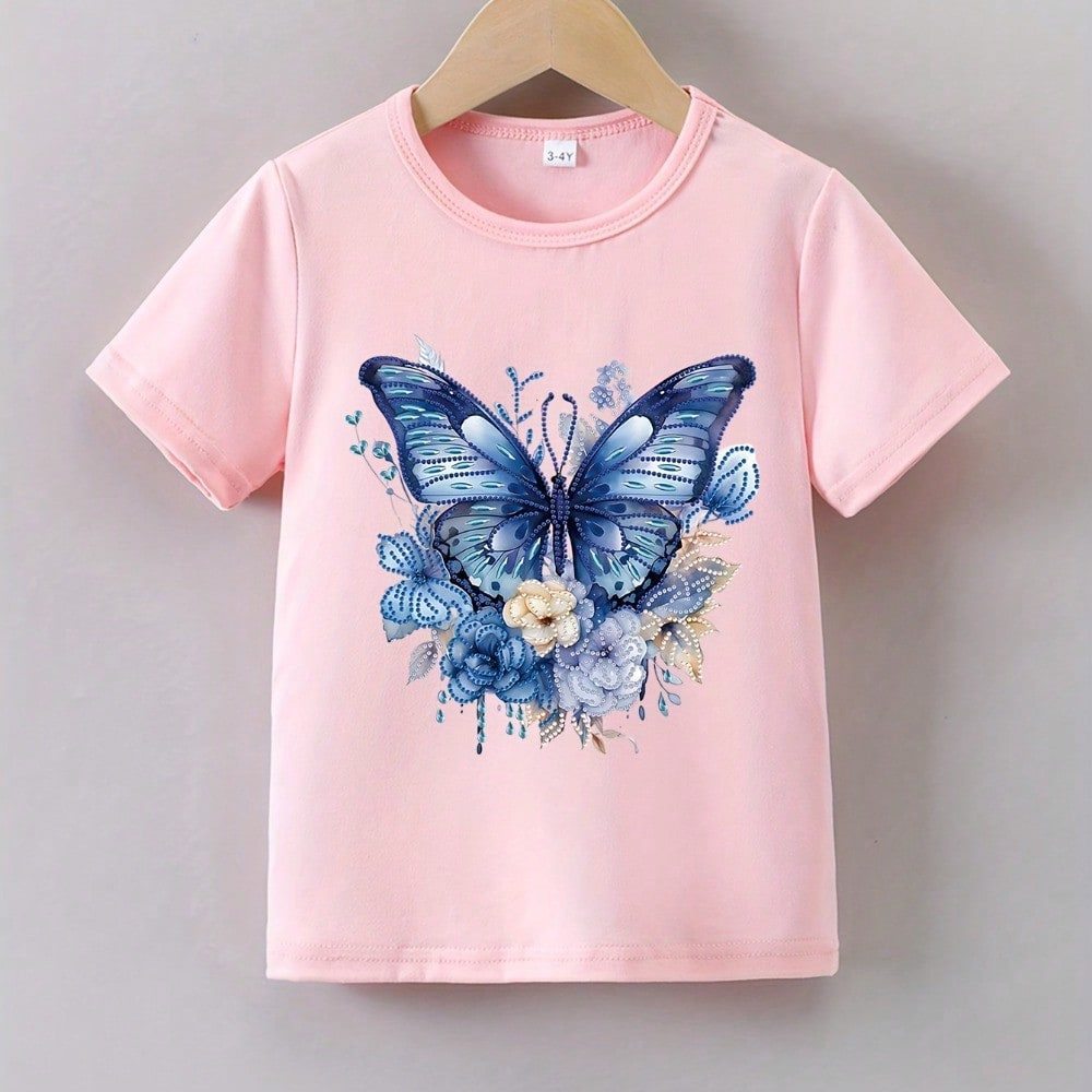 Camisetas Infantil Para Meninas Criativas com Estampa de Borboleta Manga Curta Blusinha Infantil 100% Algodão Premium — imagem 2 de 2