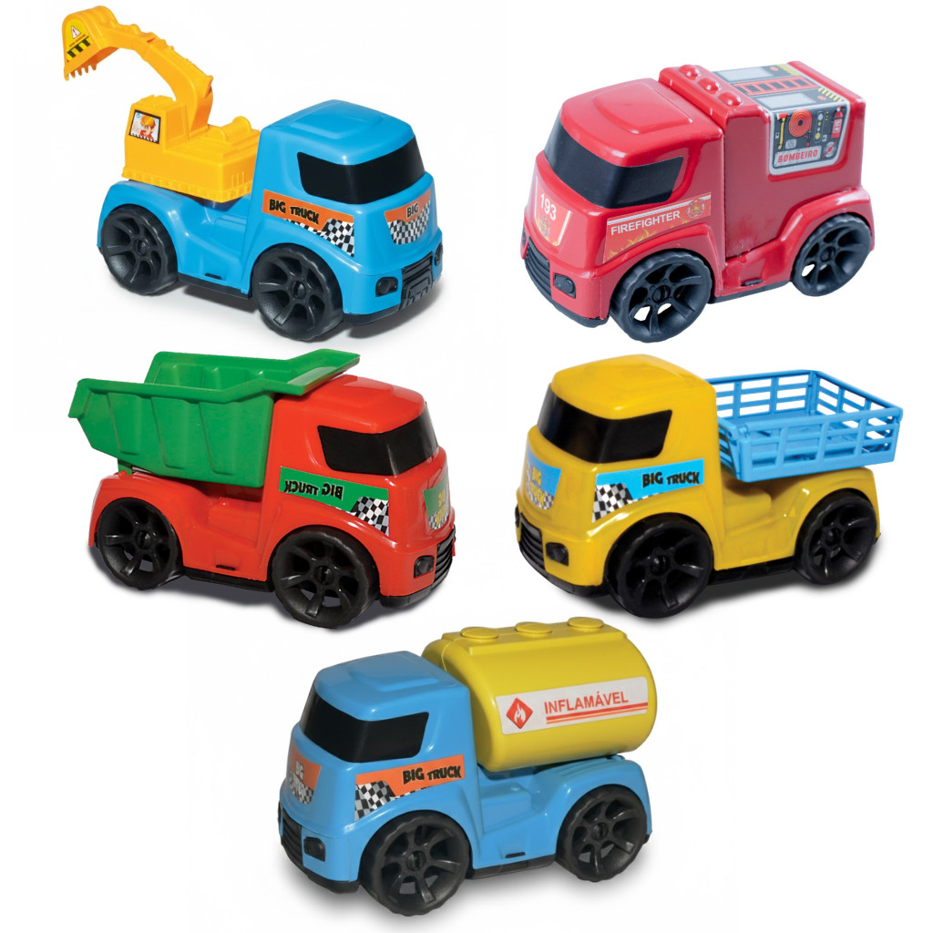 Kit 5 Carrinhos Amar é Brinquedo Menina e Menino, Bombeiro, Tanque, Retro, Carroceria, Caçamba