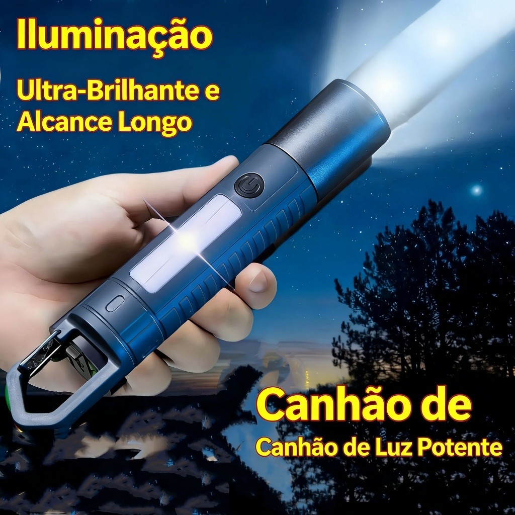 Mini Lanterna Zoom LED Brilhante - COB Luz Lateral, USB Recarregável e À Prova d’Água para Acampamento