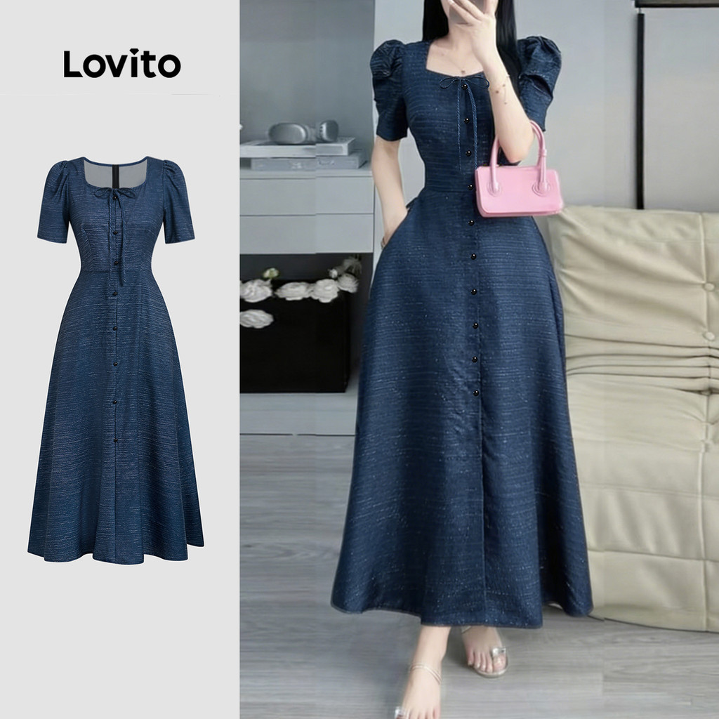 Lovito Elegante Vestido com Laço e Botão Azul Marinho Primavera/verão para Mulheres L178ED380