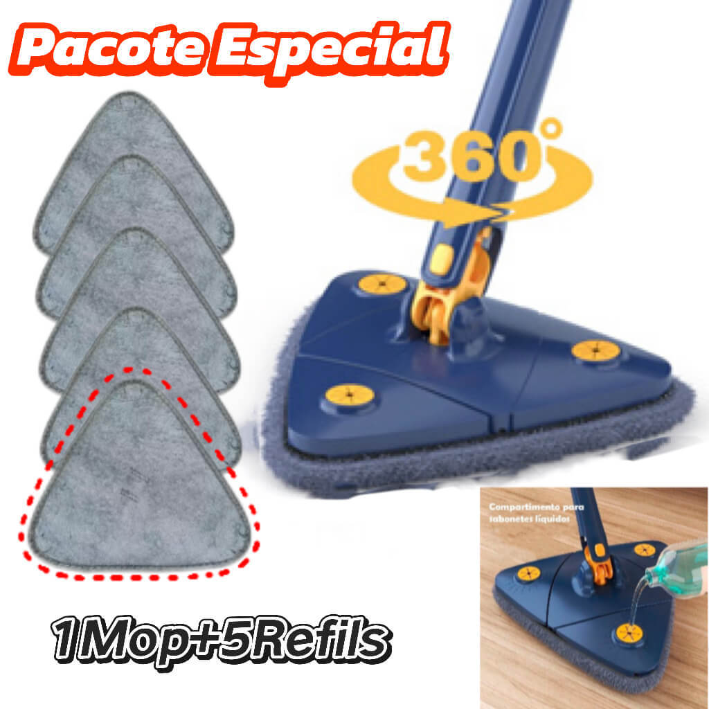 Esfregão Azul com 5Panos Triangular | Mop de Limpeza Ajustável e Giratório 360°
