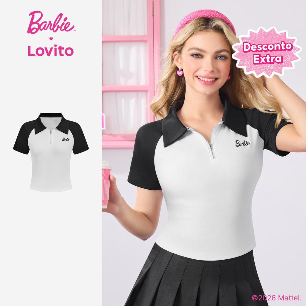 (New arrival) Barbie™ X Lovito Camiseta Casual Colorblock Zíper Primavera/Verão Preta Branca Mulheres TSBL3PAD018 em Oferta na Shopee
