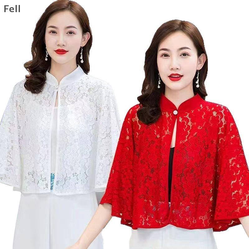 [Fel] Primavera Verão Xale Casaco Cachecol Fino Manga Longa Renda Temperamento Cardigan Outwear Ombro Gola Falsa Out All