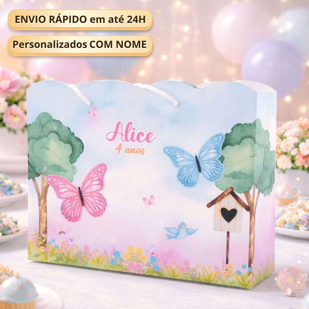 Sacolinha G Jardim Encantado Borboletas Pegue Monte Personalizada Caixinha Lembrancinha Kit Festa Luxo Sacolinha Grande