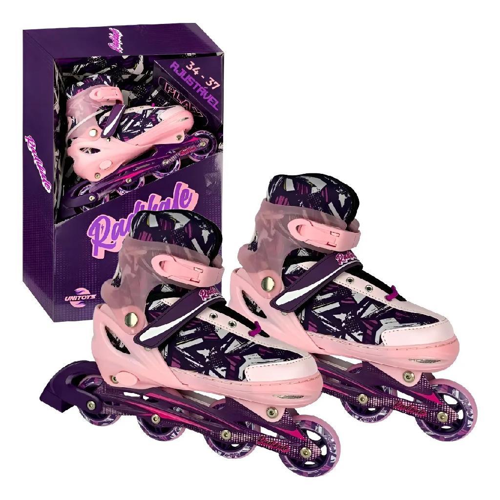 Patins Inline Radikale Rosa Unitoys Ajustável 34-37 Infantil com Freio Segurança e Conforto
