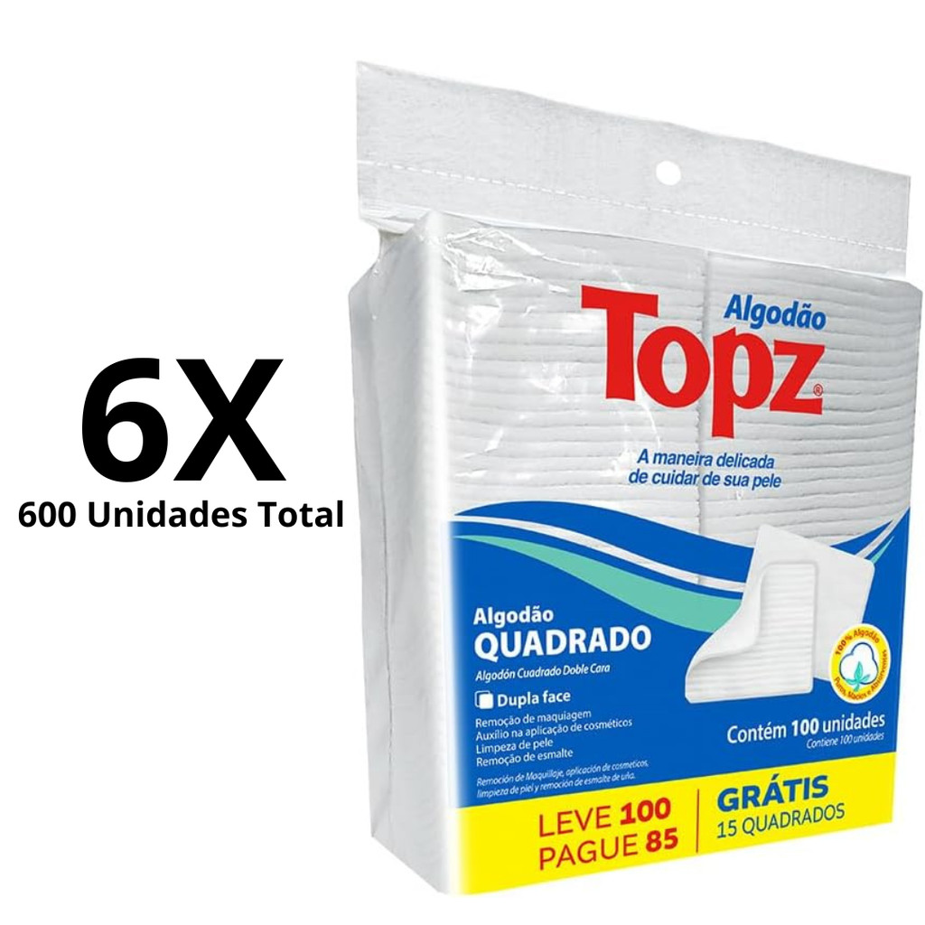 Kit 6 Algodão Topz Quadrado Limpeza Facial Dupla Face Removedor Maquiagem Esmaltes 100un