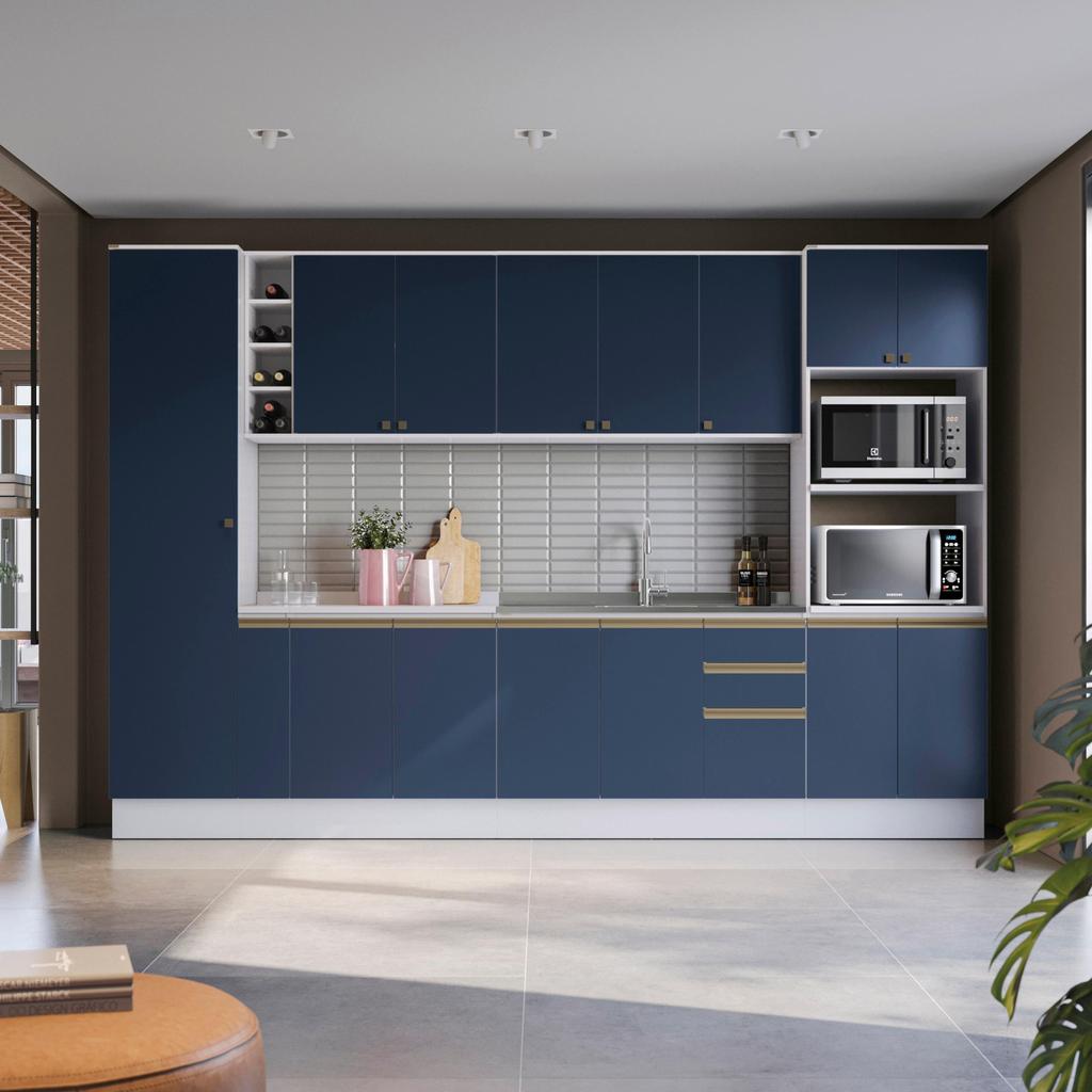 Cozinha Modulada Celeste Kappesberg 100% MDF Branco/Azul 340cm