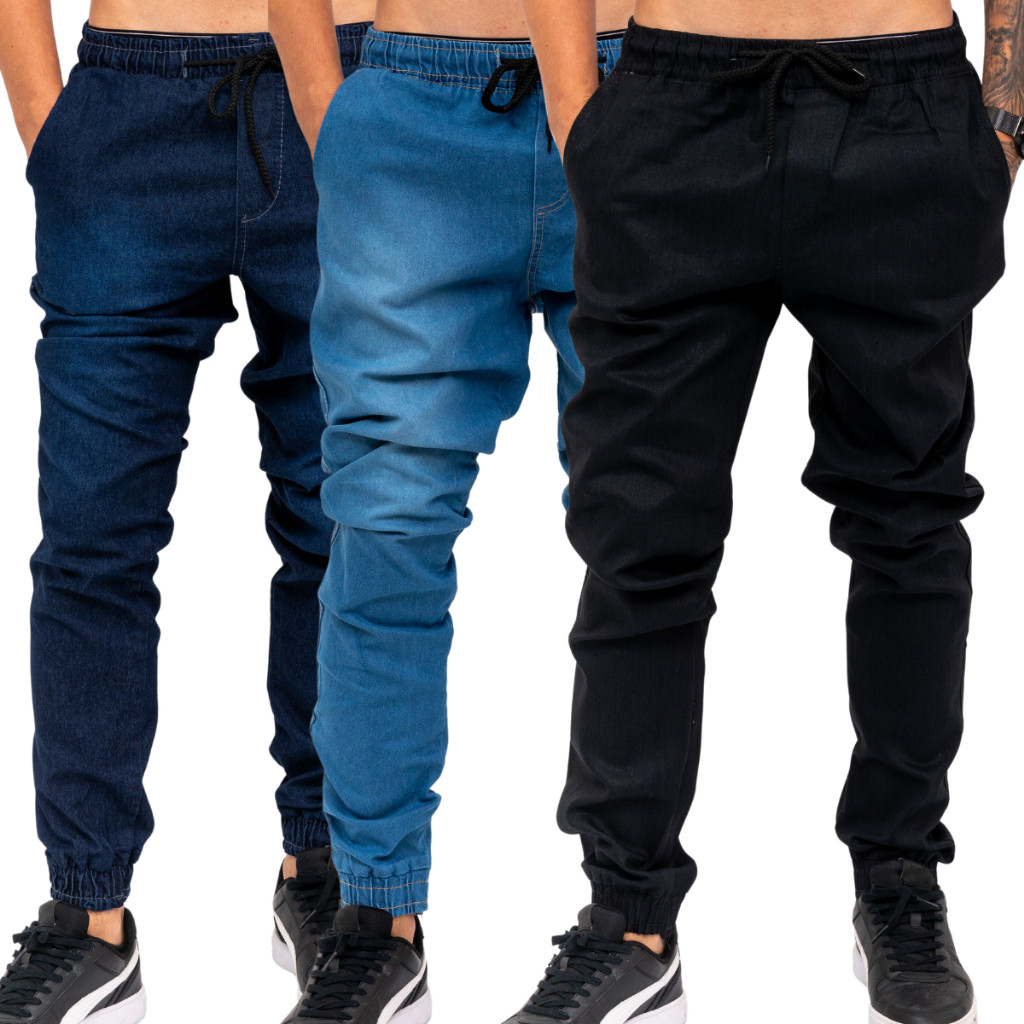 Kit 2/3 Calças Jogger Masculina Jeans e Sarja C/ Punho Lycra