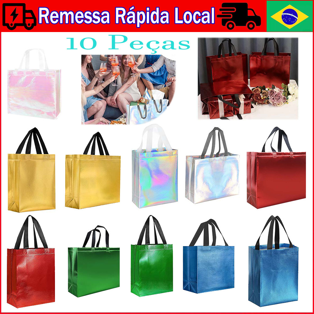 10 Peças sacolas de presente com alças, Bolsa Tote Moda, Bolsa Holográfica Saco De Praia Para Trabalho, Compras, Praia em Oferta na Shopee
