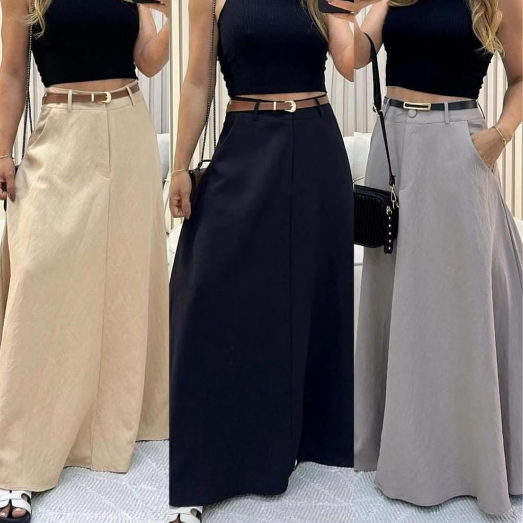 Saia Longa Alfaiataria Feminina Cintura Alta Moda Evangelica Elegante Godê Social Premium Rodada Bolso em Oferta na Shopee