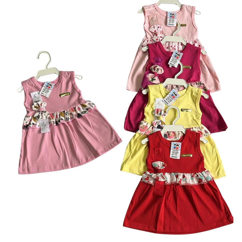 Conjunto Feminino Vestido e Tiara Para Bebê Tecido Macio