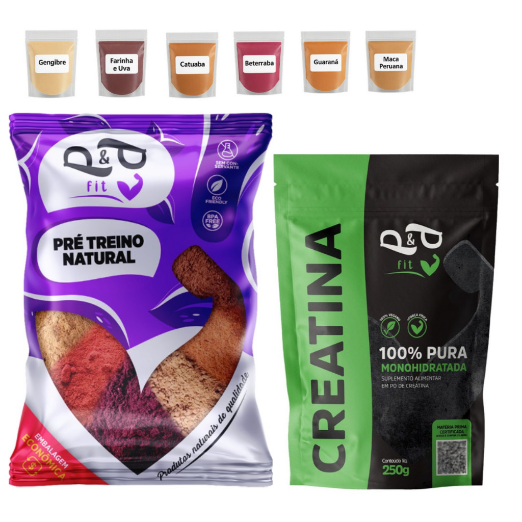 Kit Pré Treino Natural + Creatina 100% Pura Beterraba Uva Guaraná Gengibre Maca Catuaba Super Energético em Oferta na Shopee