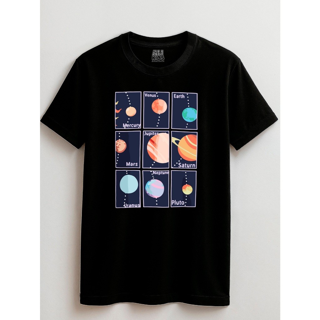 Camisa Sistema Solar Juvenil e Infantil 2 ao 16 anos Unissex Espaço