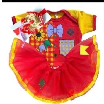 Fantasia Festa Junina Bebê Menina e Menino Arraiá Caipira Mesversário Body Bebê Temático + Saia Tule Fantasia Infantil