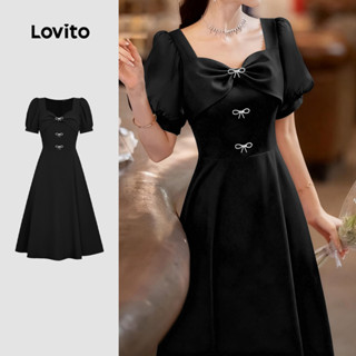 Lovito  Vestido Preto Feminino Dupla Camada Laço Elegante Primavera/Verão L171ED101 em Oferta na Shopee