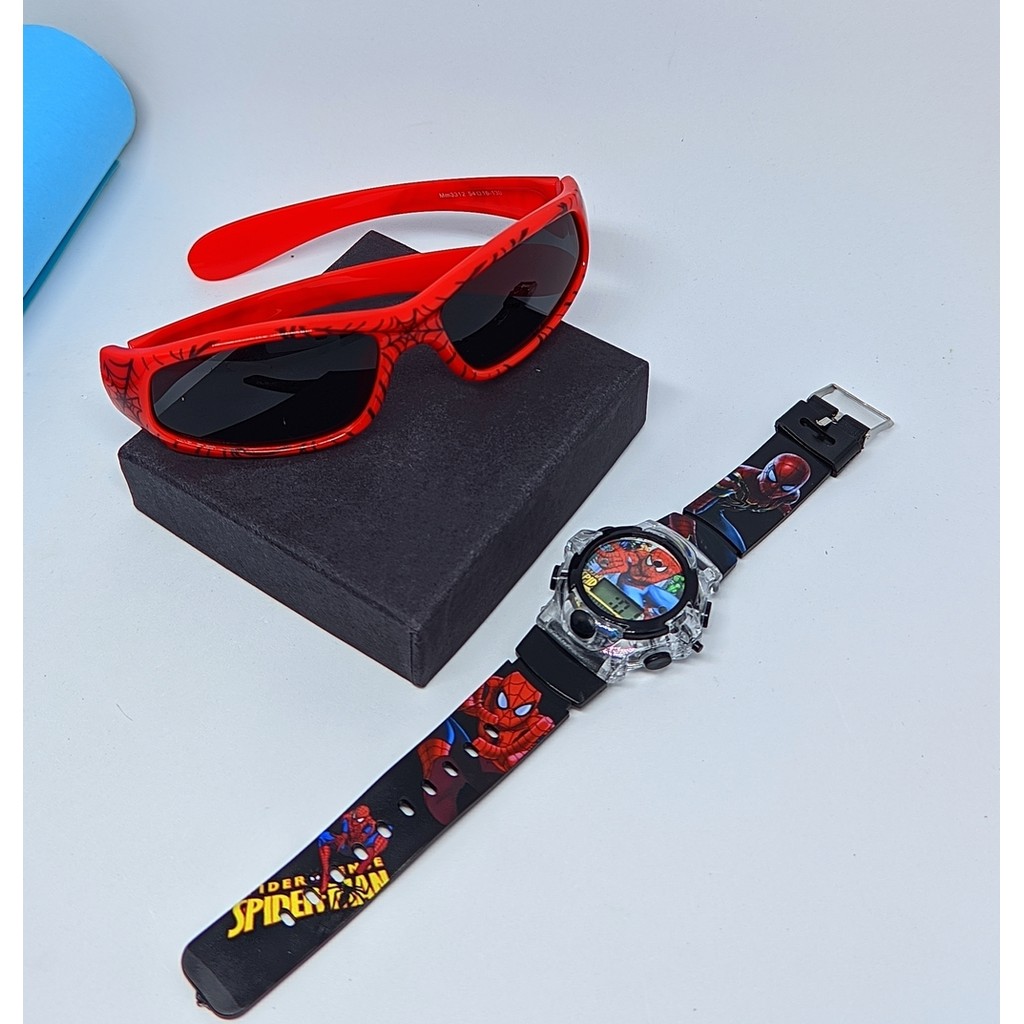 Kit Relógio Infantil Digital Pisca Luz Led Musical Super Heróis Homem Aranha + Óculos de Sol Flexivel Spider Man Kids
