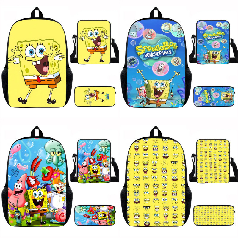 Mochila Infantil Bob Esponja Calça Quadrada De Três Peças Com Estampa 3D Para Estudantes Bolsa Confortável Estojo Lápis