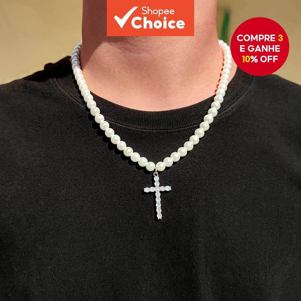 Colar Masculino Vintage Com Pingente De Cruz E Corrente De Clavícula De Pérola Falsa Para Estilo Unissex