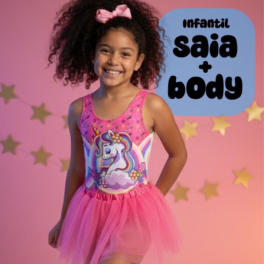 Conjunto Saia De Tule e Body Collant Infantil com Estampa de Unicórnio Rosa