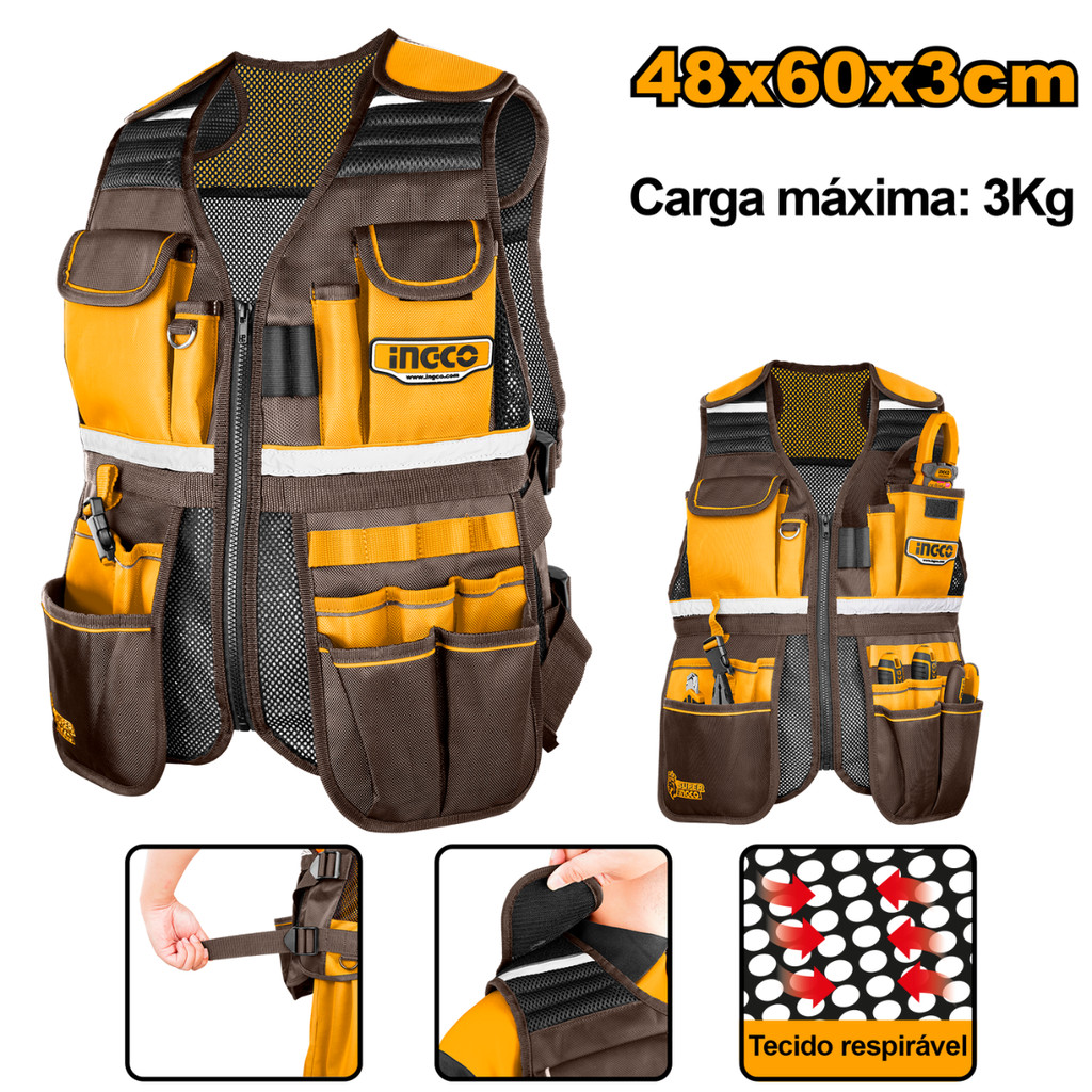 Colete Porta Ferramentas Ingco Air Mesh Malha Respirável 17 Bolsos Carga Máx 3kg