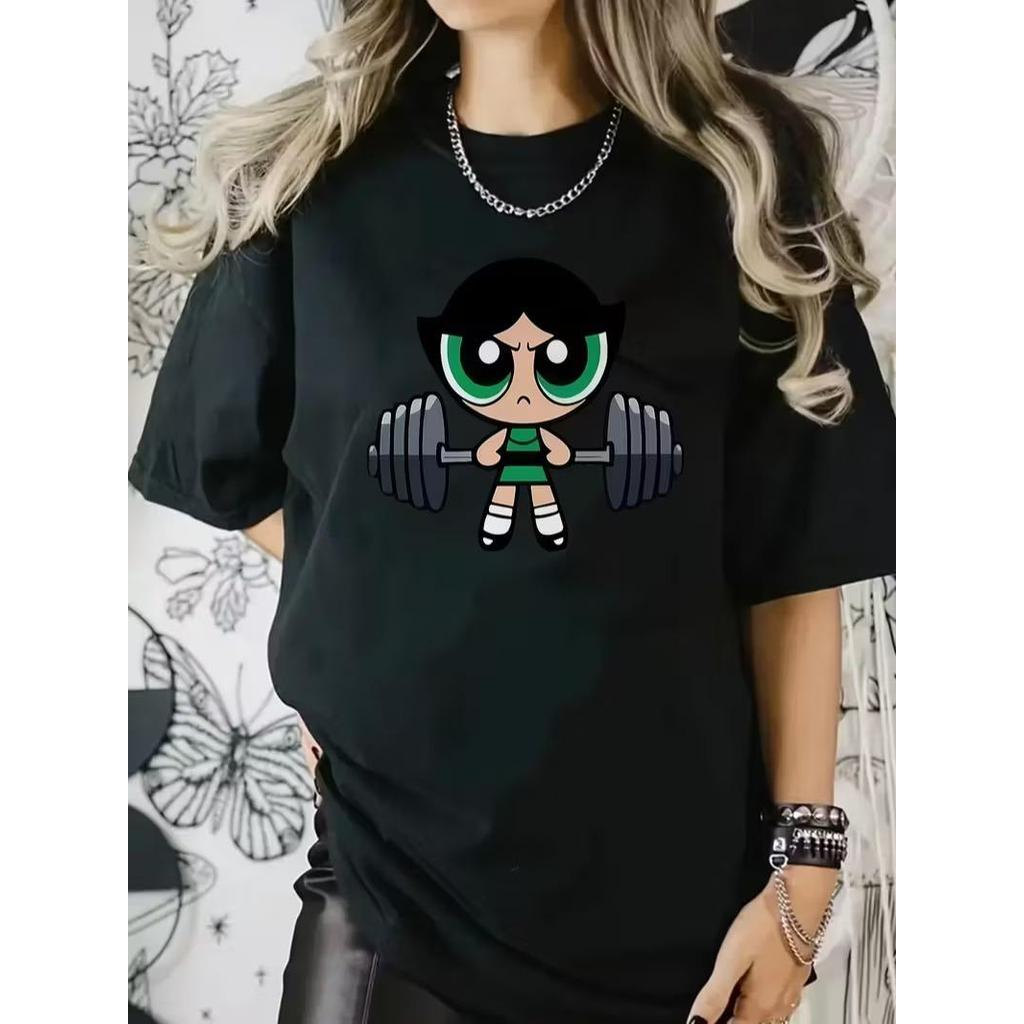 Camiseta Feminina Streetwear Algodão Penteado Infantil Adulto Plus Size Estampa Docinho Verde Meninas Super Poderosas