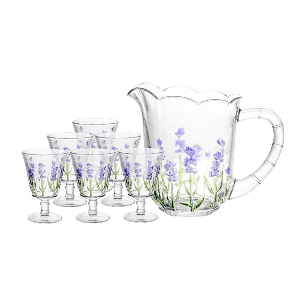 Conjunto Jarra 1,3L De Suco 6 Taças Estilo Lavanda 240ml Vidro Decoração De Armário Cozinha