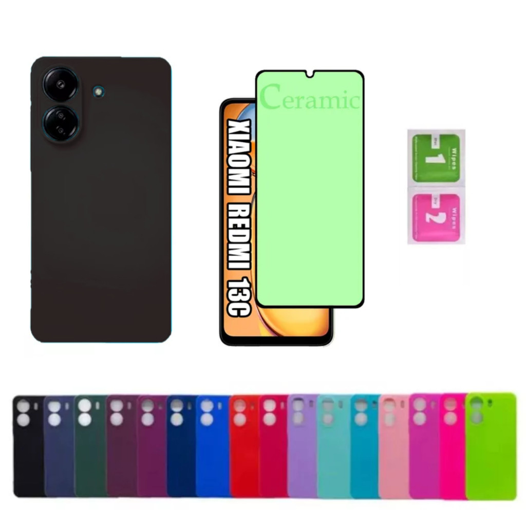 Kit Para Xiaomi Redmi 13C - Película Cerâmica + Capa Silicone Aveludada