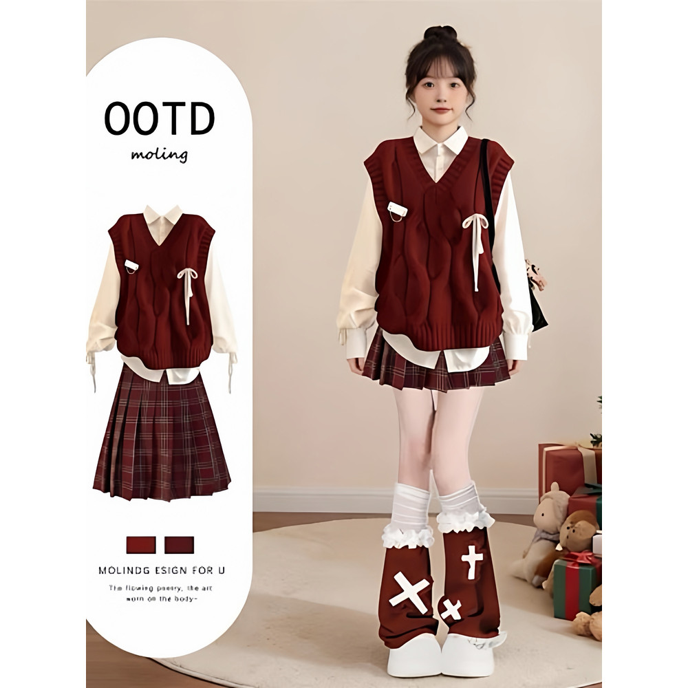 Estilo Preppy colete de malha terno de três peças feminino inverno saia plissada terno menina natal vermelho festivo rou