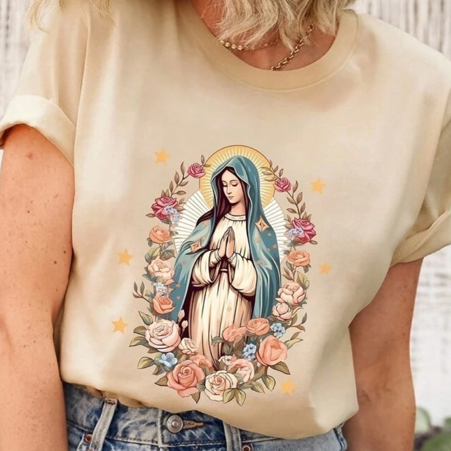 Camiseta Feminina Country Virgem Maria Estampada Estilosa Algodão T-Shirt FASHION