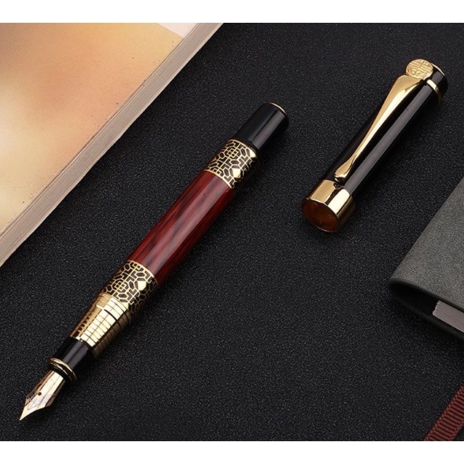 Caneta Tinteiro Pena Luxo Presente C. Dourado C. Tinta