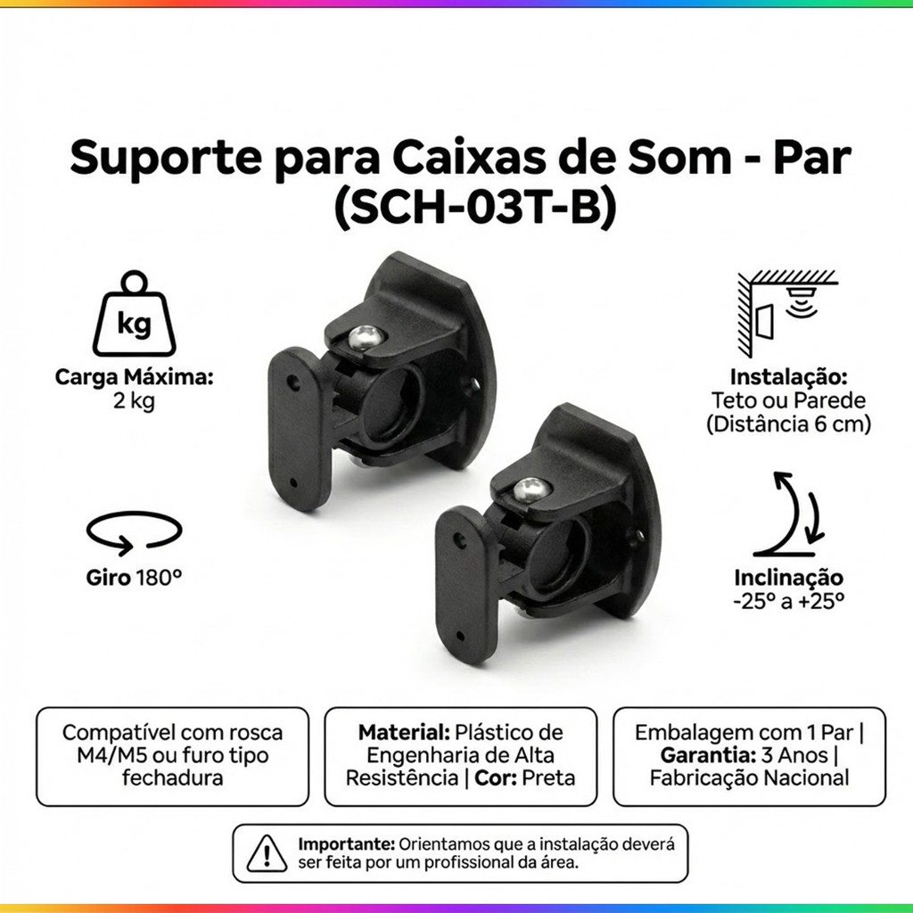 KIT COM 2 SUPORTE PARA CAIXA DE SOM ACUSTICA DE PAREDE HOME THEATER UNIVERSAL COM INCLINACAO E GIRO DE 180