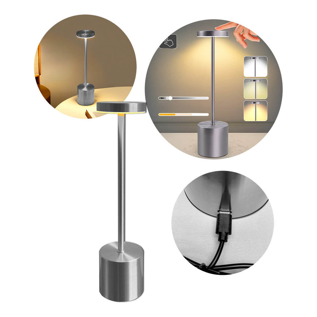 Luminária Portátil Prata, 3 Cores, Touch - Bateria Usb Prata