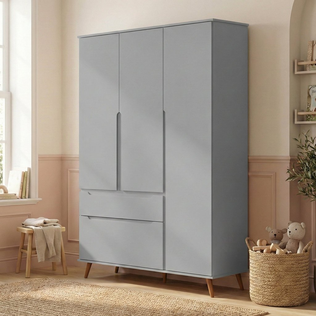 Guarda-Roupa Infantil 100% MDF 3 Portas e 2 Gavetas Retrô Melinda Cinza Cinza em Oferta na Shopee
