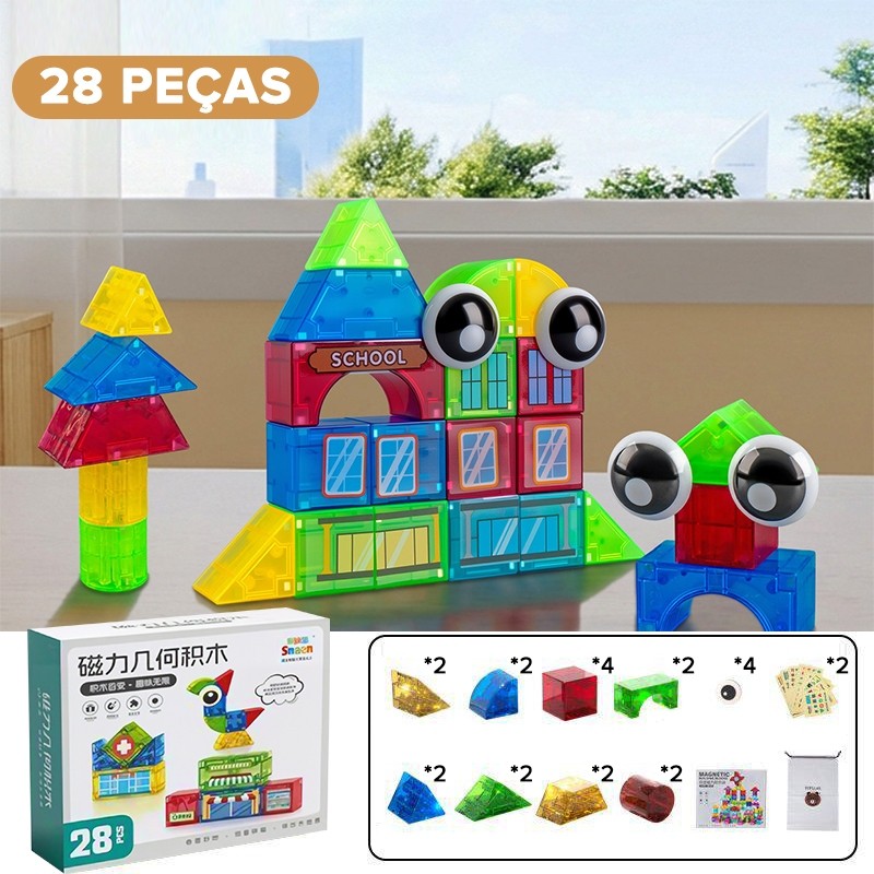 Blocos Magnéticos 28/54/104 Peças | Brinquedo Educativo 3D de Montar para Crianças Meninos Meninas em Oferta na Shopee