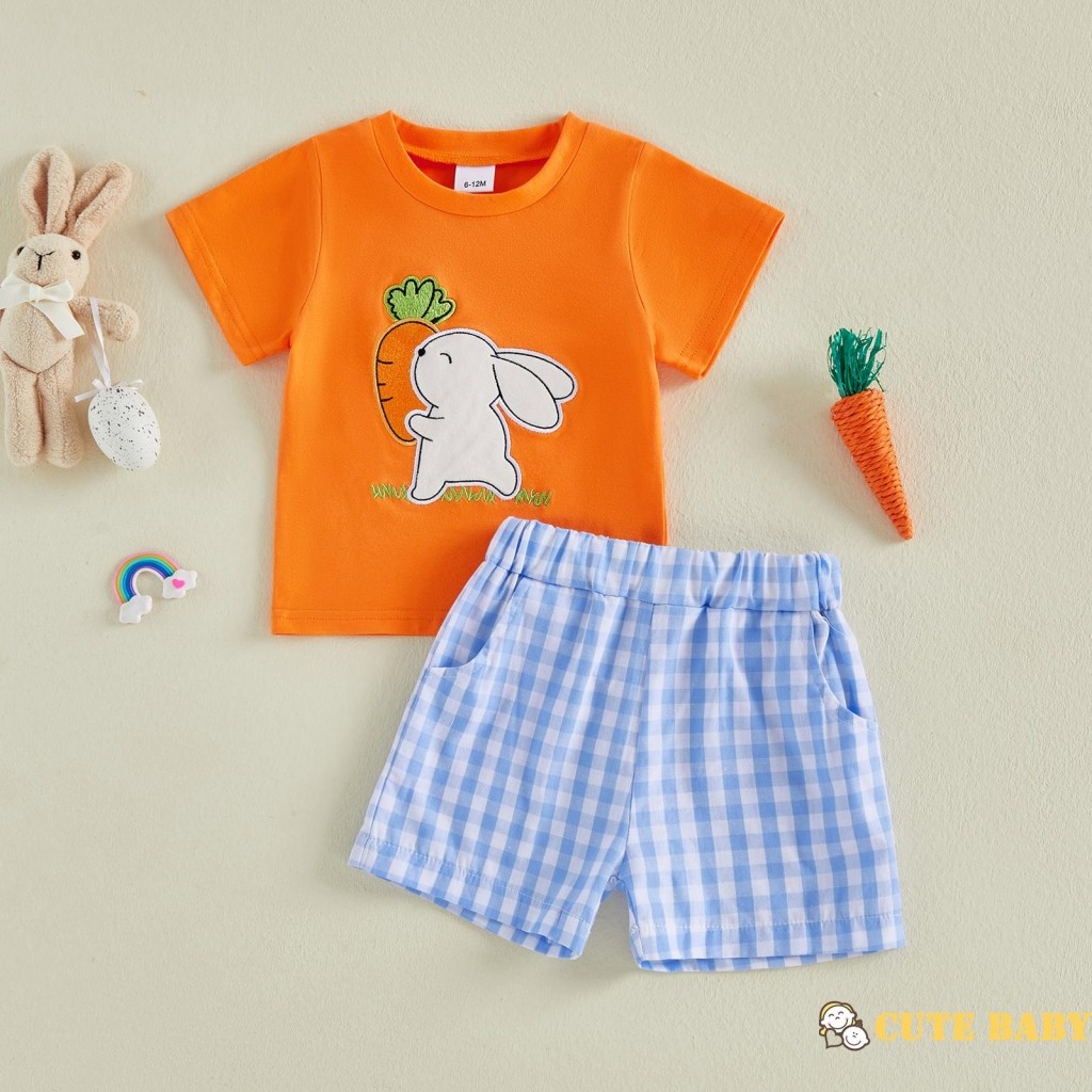 Infantil Bebê Meninos Páscoa 2 Peças Conjunto Coelho Cenoura Bordado Camisetas De Manga Curta Com Shorts Xadrez,0-4 Anos em Oferta na Shopee