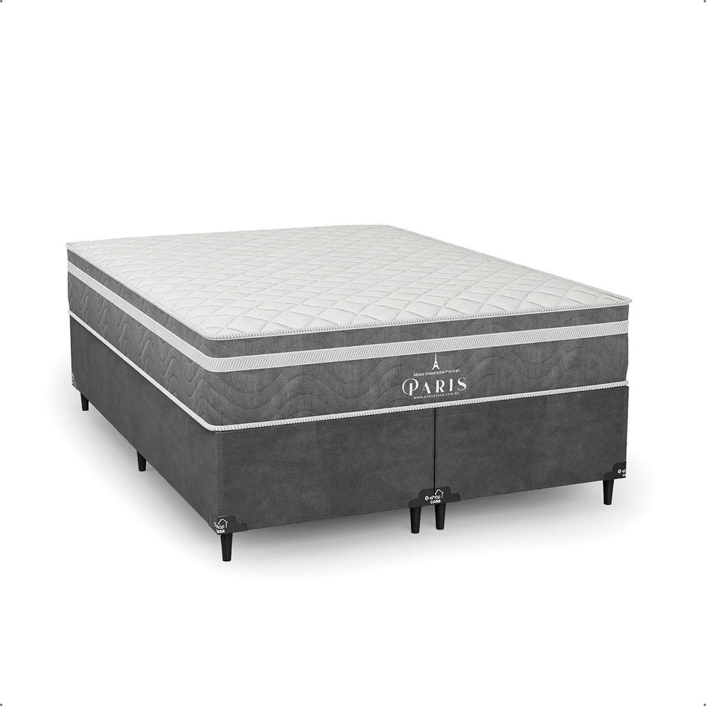 Cama Box Casal Bipartido Cinza + Colchão Paris Molas Cinza