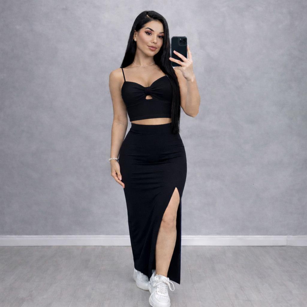 Conjunto Feminino Ou Cropped Nó e Saia Longa Tubinho Suplex em Oferta na Shopee