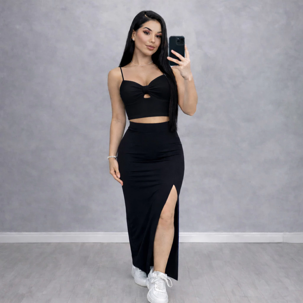 Conjunto Feminino Ou Cropped Nó e Saia Longa Tubinho Suplex