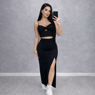 Conjunto Feminino Ou Cropped Nó e Saia Longa Tubinho Suplex
