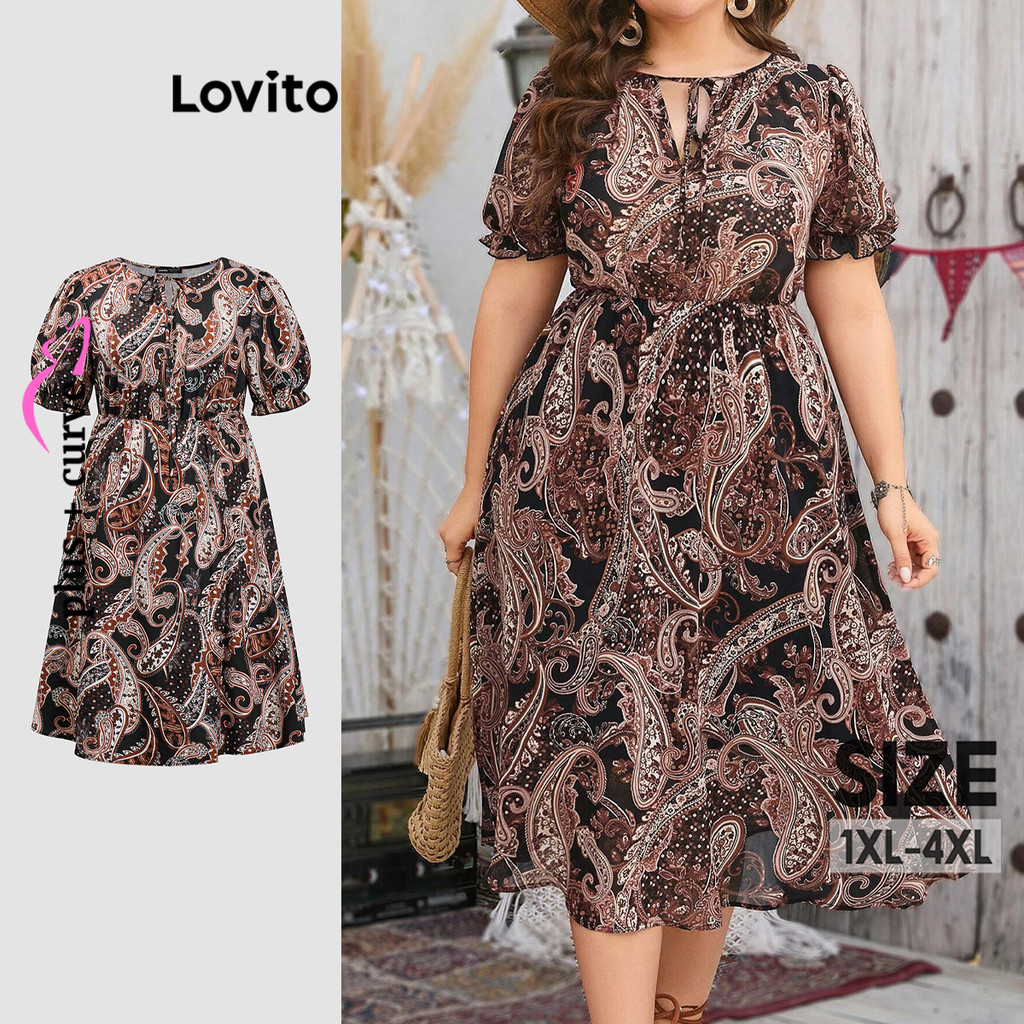 Lovito Vestido Curva Plus Size Casual Com Estampa Tribal Vestido Feminino LBL18321 em Oferta na Shopee