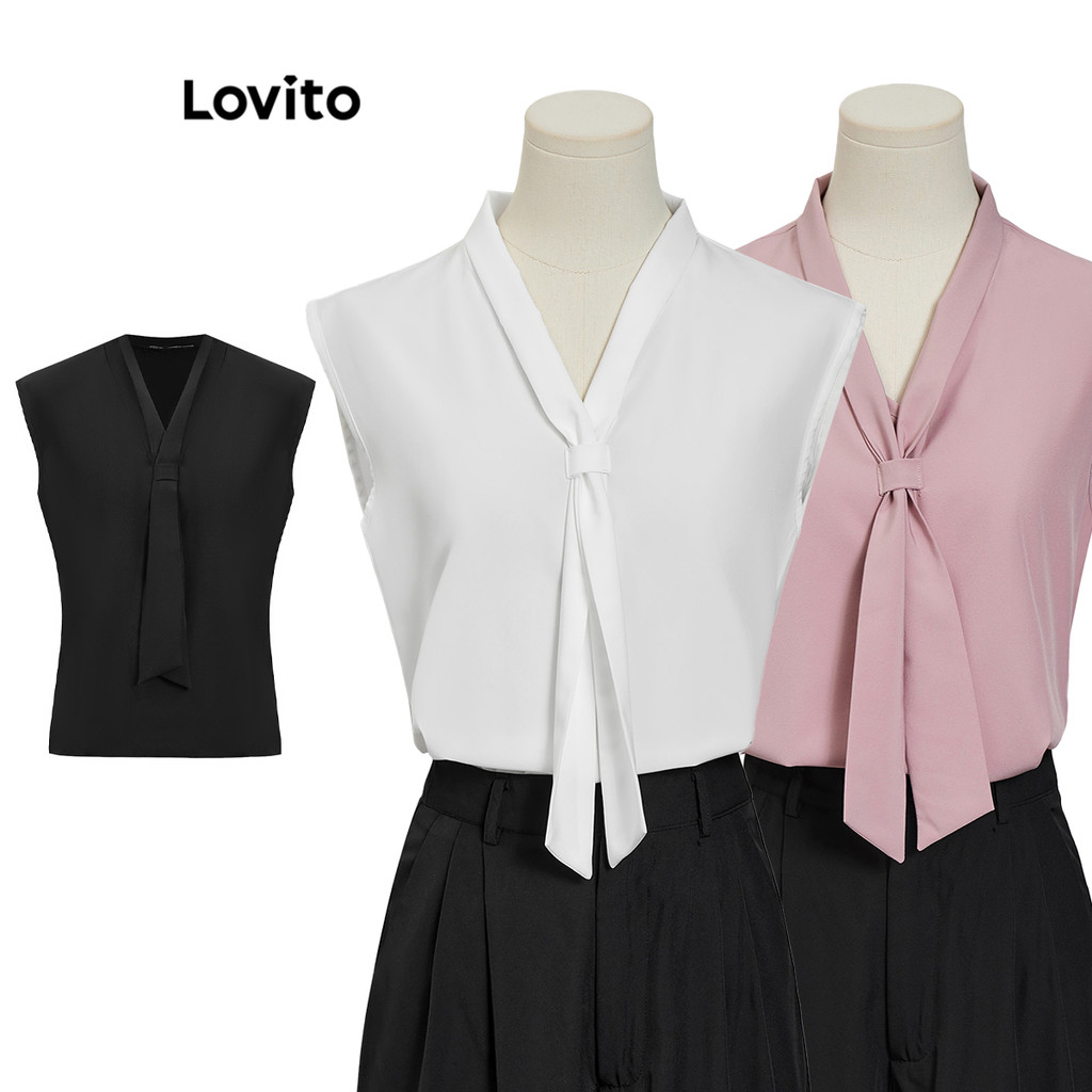 Lovito Blusa Elegante Blusa Lisa Com Cadarço Para Mulheres LNL43115 (Multicolorido) em Oferta na Shopee