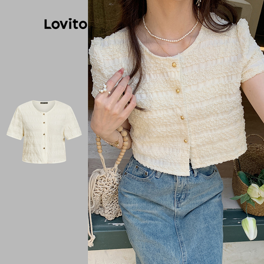 Lovito Casaco Casual Com Botão Liso Frontal Para Mulheres LNE11087 (Multicolorido) em Oferta na Shopee