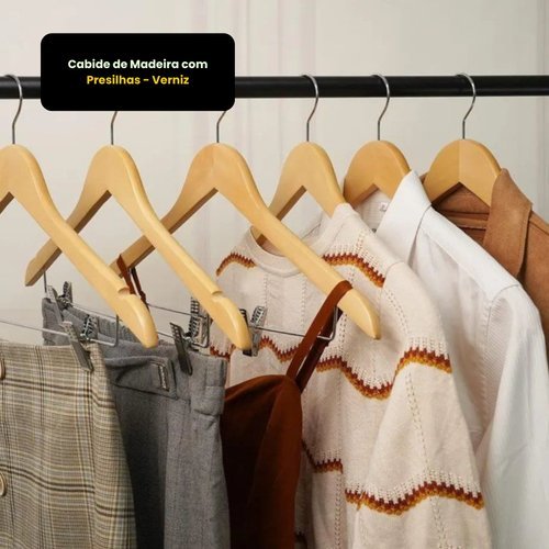 Cabide Madeira Com Presilhas Antiderrapante Organizador Armario Roupas Vestuario Resistente