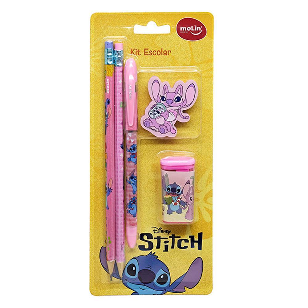 Kit Lápis HB Caneta Apontador Borracha Stitch Angel Molin